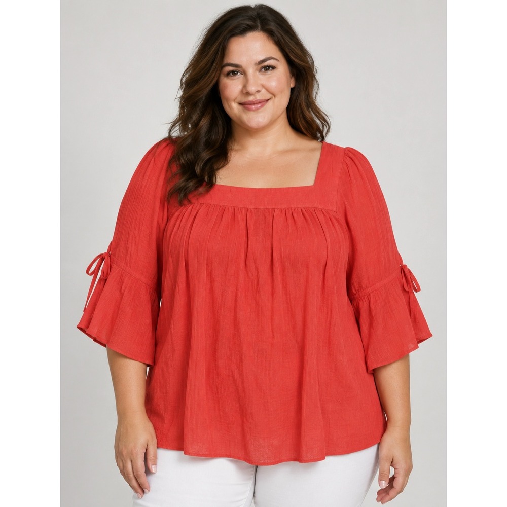 Zac & Rachel Woman Coral Red Square Neck Bell Sleeve Blouse 1X Plus Size